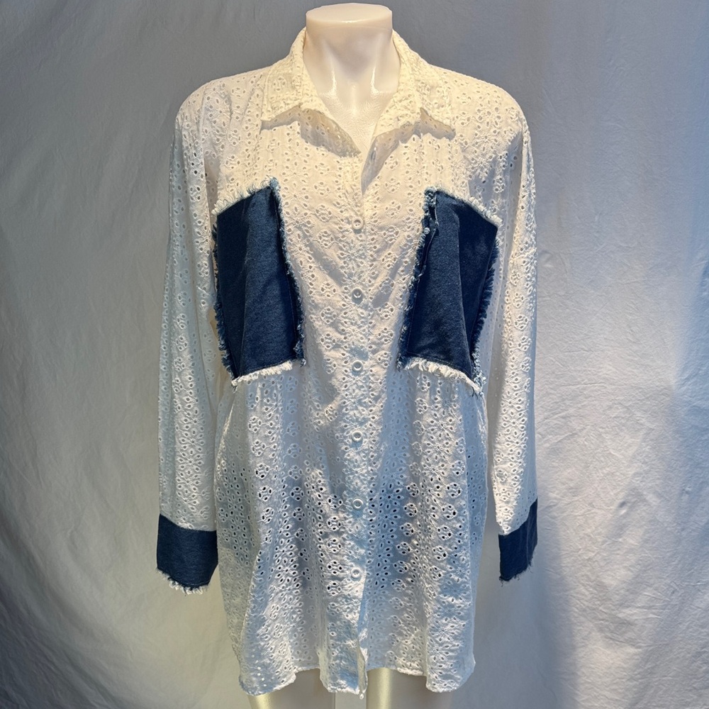 Elegant White and Blue Eyelet Button-Down Shirt